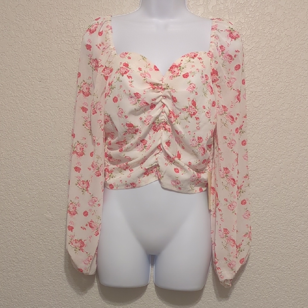 Peach cream pink floral print long sleeve crop top